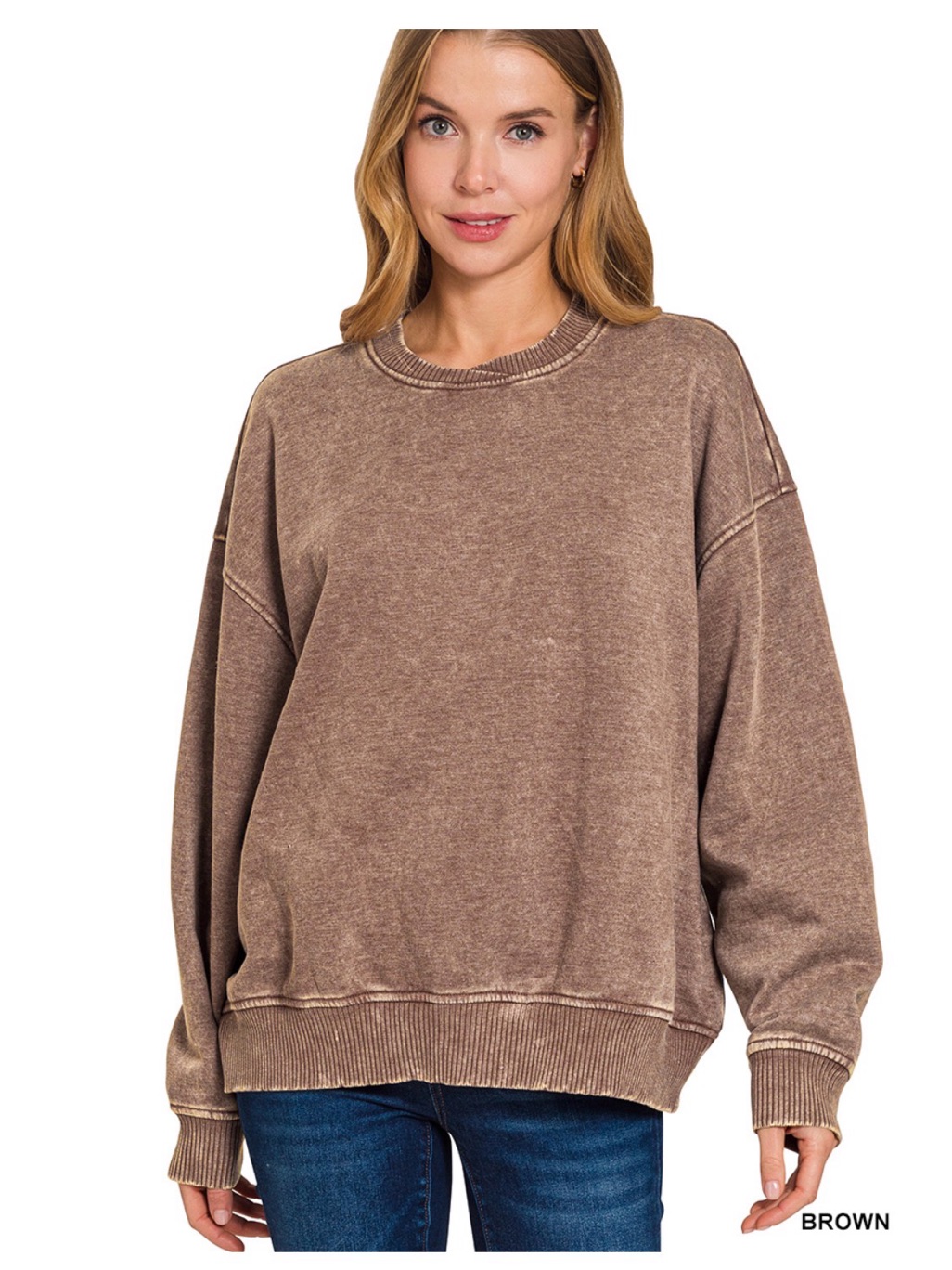 Zenana Outfitters Washed Brown Crewneck Sweatshirt